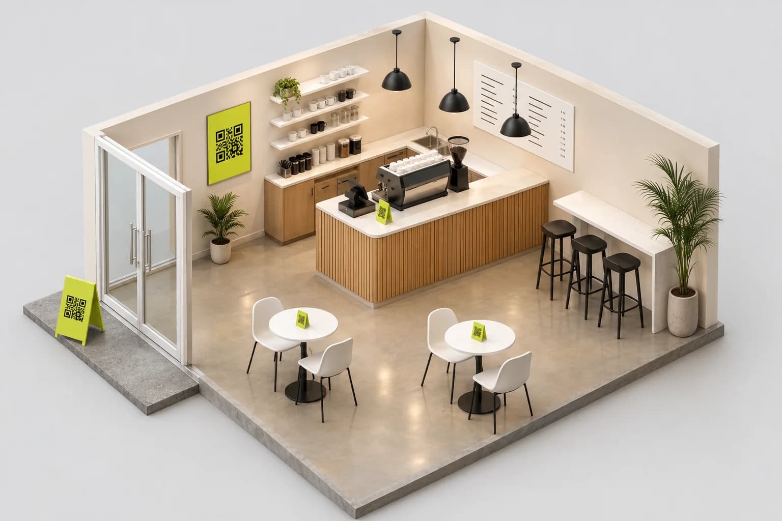 An isometric cutaway of a cafe with a lime QR poster on the wall, QR tents on the counter and tables, and a lime A-frame standee by the door.