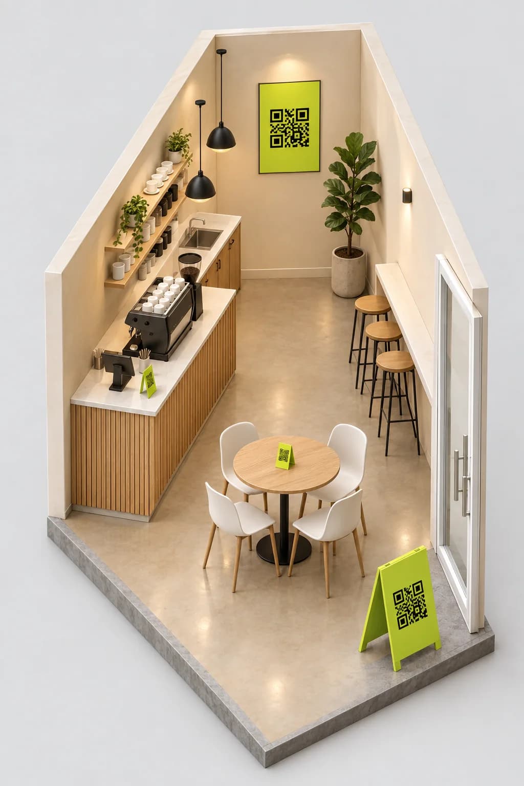 An isometric cutaway of a cafe with a lime QR poster on the wall, QR tents on the counter and tables, and a lime A-frame standee by the door.
